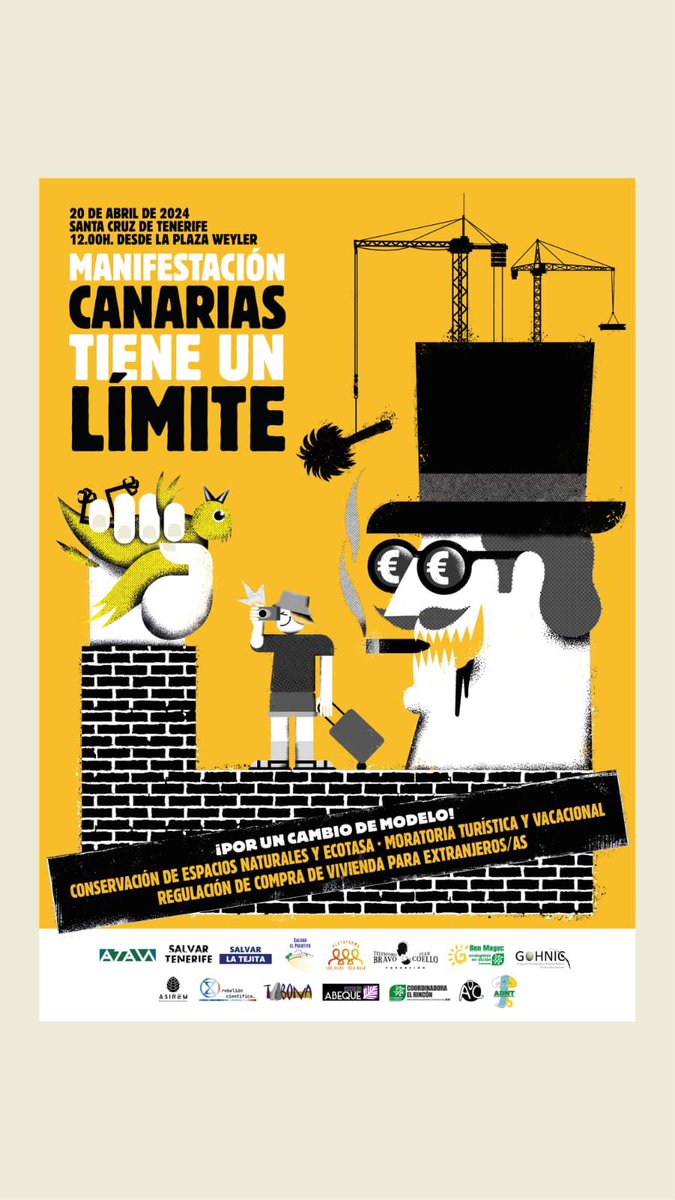 ✊El 20 de abril salimos a las calles 
CANARIAS TIENE UN LÍMITE
MANIFESTACIÓN 
¡POR UN CAMBIO DE MODELO!

#IslasCanarias #Turismo #CanariasColapso #vivienda #Territorio