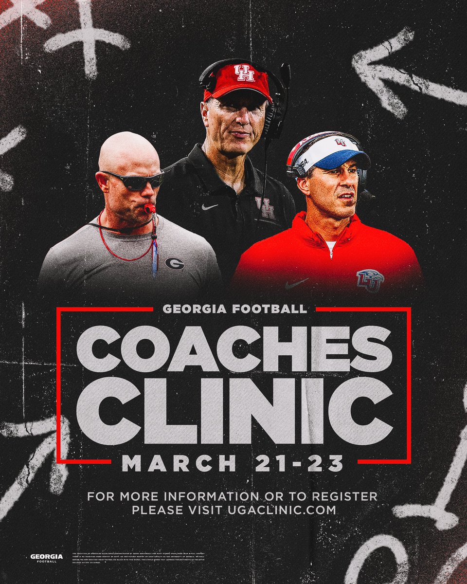 Join the Georgia Football coaching staff for the 2024 Coaches Clinic with speakers Coach Willie Fritz, Coach Jamey Chadwell, and our own Coach Scott Sinclair. 📅: March 21-23 Register: ugaclinic.com