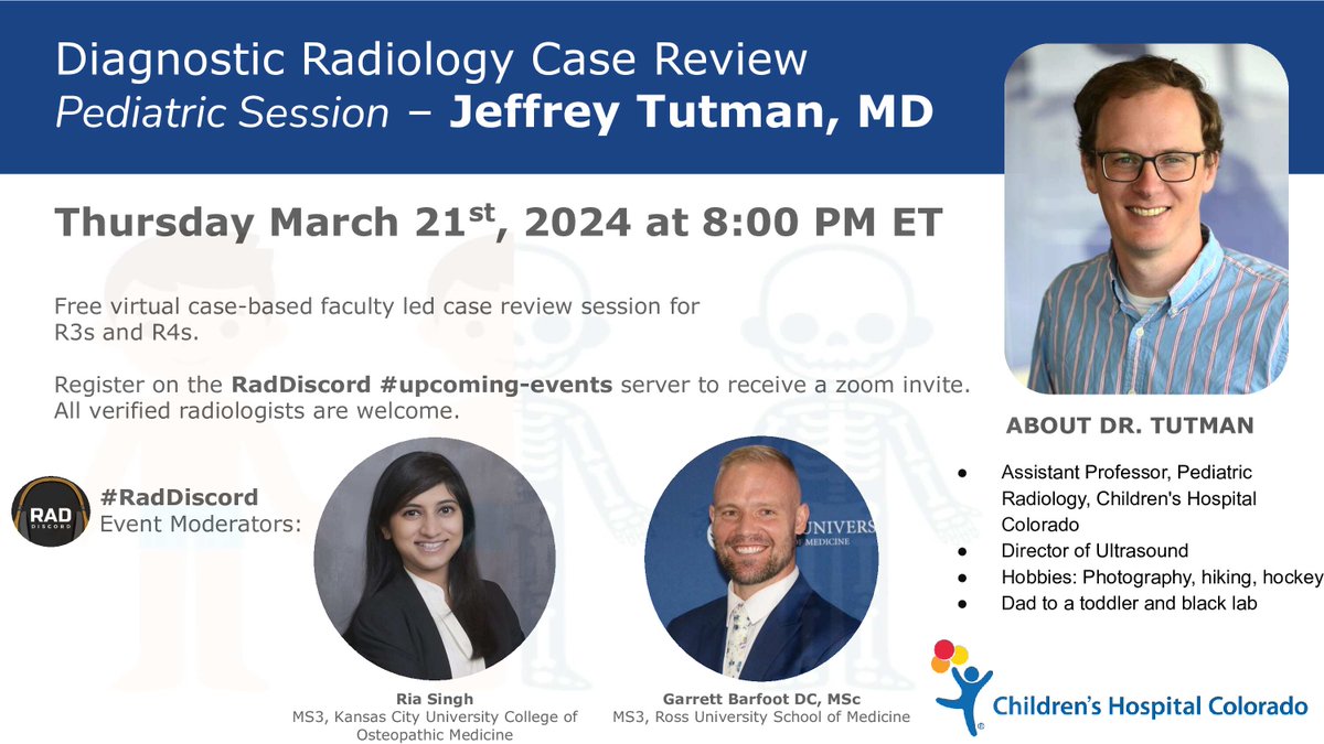 Peds Review Session Jeffrey Tutman, MD @JeffreyTutman @CURadiology @PedsRadsColo @ChildrensColo Thursday March 21st, 2024 at 8:00 pm ET @DrOverfieldMD @totallyskates @garciapiresmd @FatimaElahi21 @DrCamHenry @MarcusKonner @Rads_is_rad @DavidLPayneMD @yiaimerose @JosephGeorgeAy