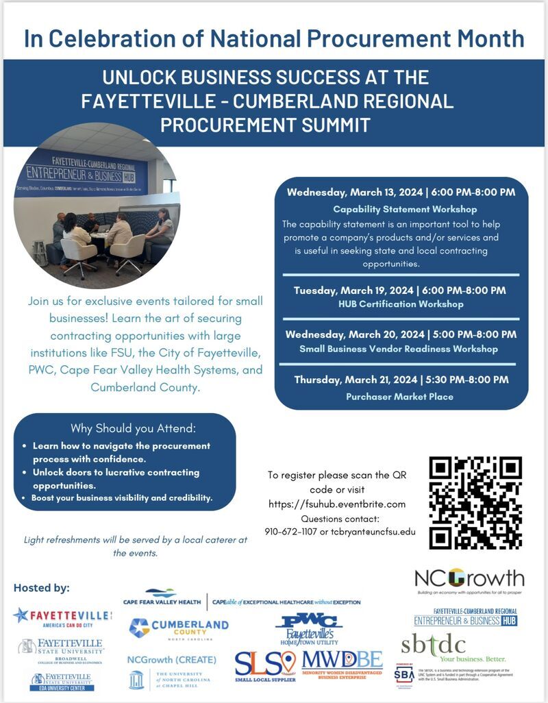 Join us for exclusive events tailored for small businesses! Learn the art of securing contracting opportunities w/large institutions like Fayetteville State, City of Fayetteville, Cape Fear Valley Health & more! To register for this event, please visit: ow.ly/aiue50QX22S