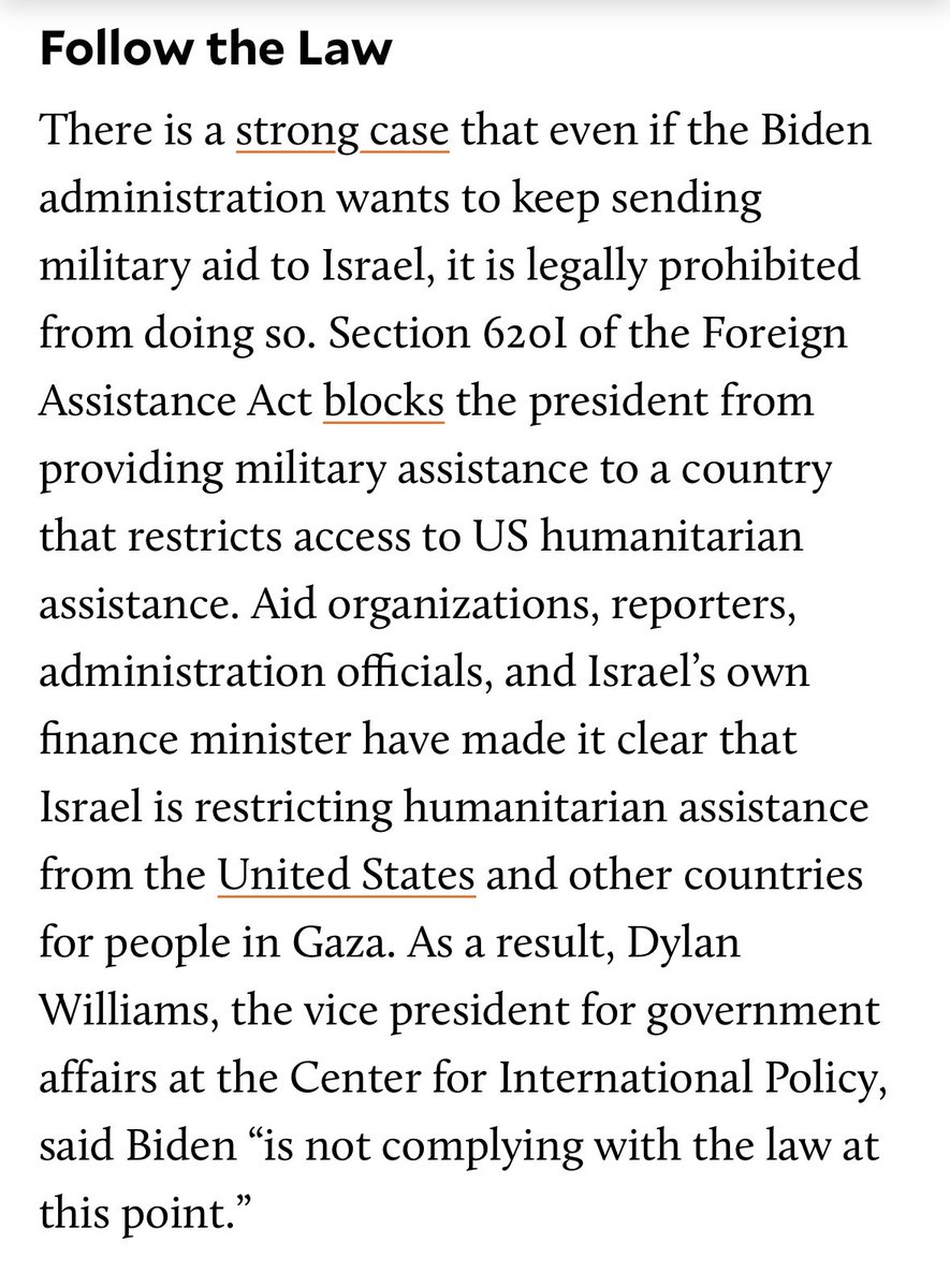 I spoke with @MotherJones’s @nlanard about the tools @POTUS has at his disposal to protect civilians in Gaza — including a US law that Biden isn’t following which requires him to halt arms transfers to Israel in response to it restricting humanitarian aid. motherjones.com/politics/2024/…