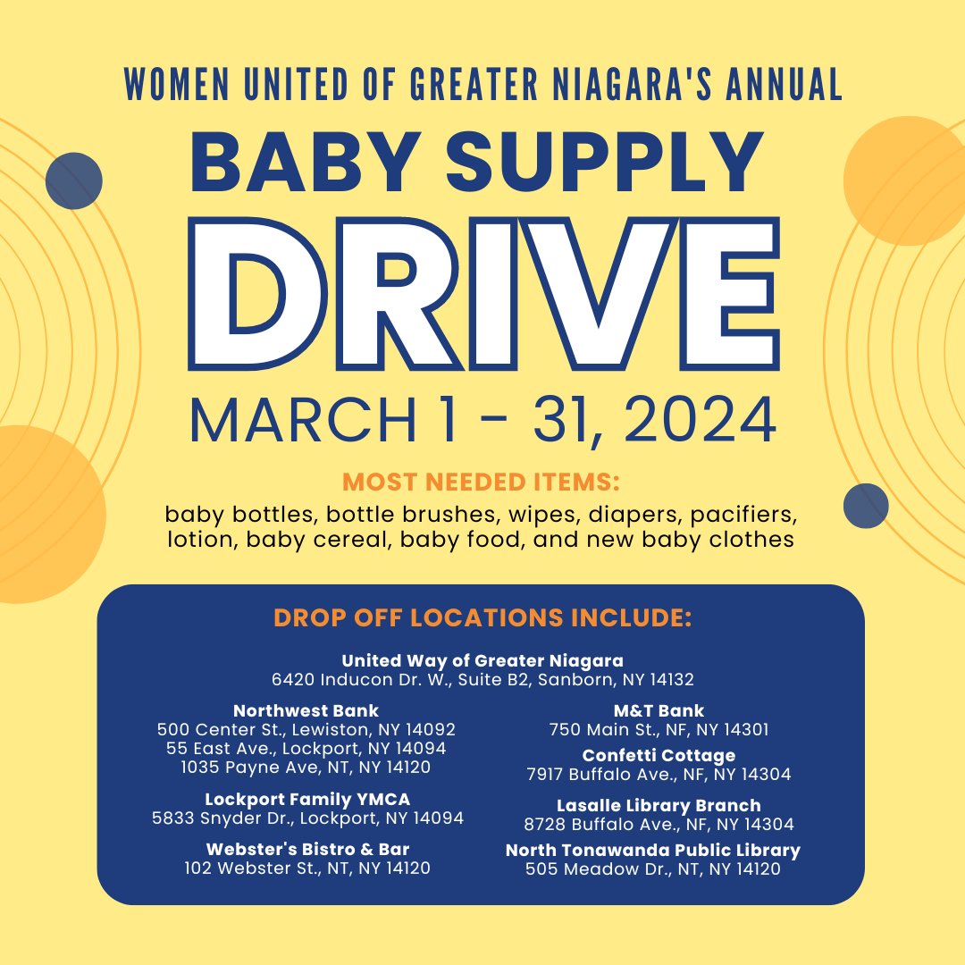 Women United of Greater Niagara's Annual Hygiene Drive is still running! 

Drop off your donations of baby bottles, bottle brushes, wipes, diapers, pacifiers, lotion, baby cereal, baby food, and new baby clothes today! 
#LiveUnited #WomenUnited