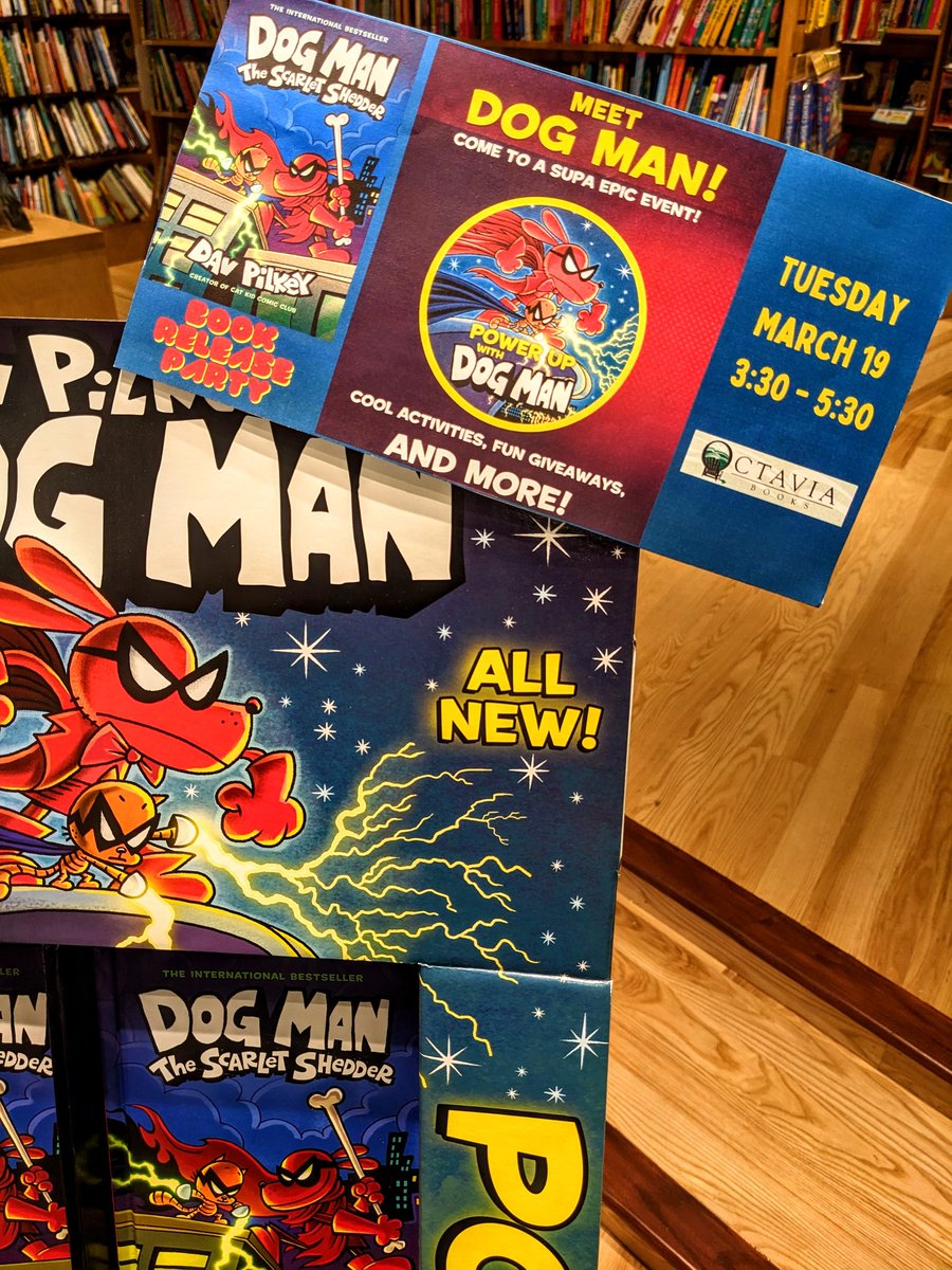 Come meet Dog Man in person this afternoon, 3/19/24 at the 'supa epic' Octavia Books launch party for Dave Pilkey's new Dog Man graphic novel, THE SCARLET SHEDDER. Get your photo with Dog Man, cool activities, prizes AND MORE! octaviabooks.com/event/dog-man-…