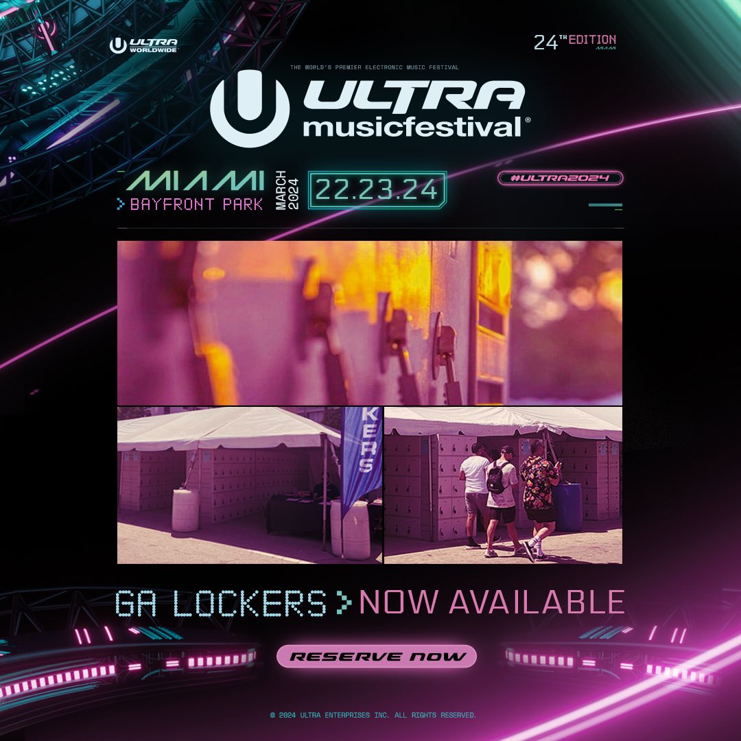 Keep your items safe, phone charged and mind at ease with a locker at #ULTRA2024! Lockers are available to rent for a single day or all 3 days of the festival! Learn more and reserve yours today at ultramusicfestival.com/lockers