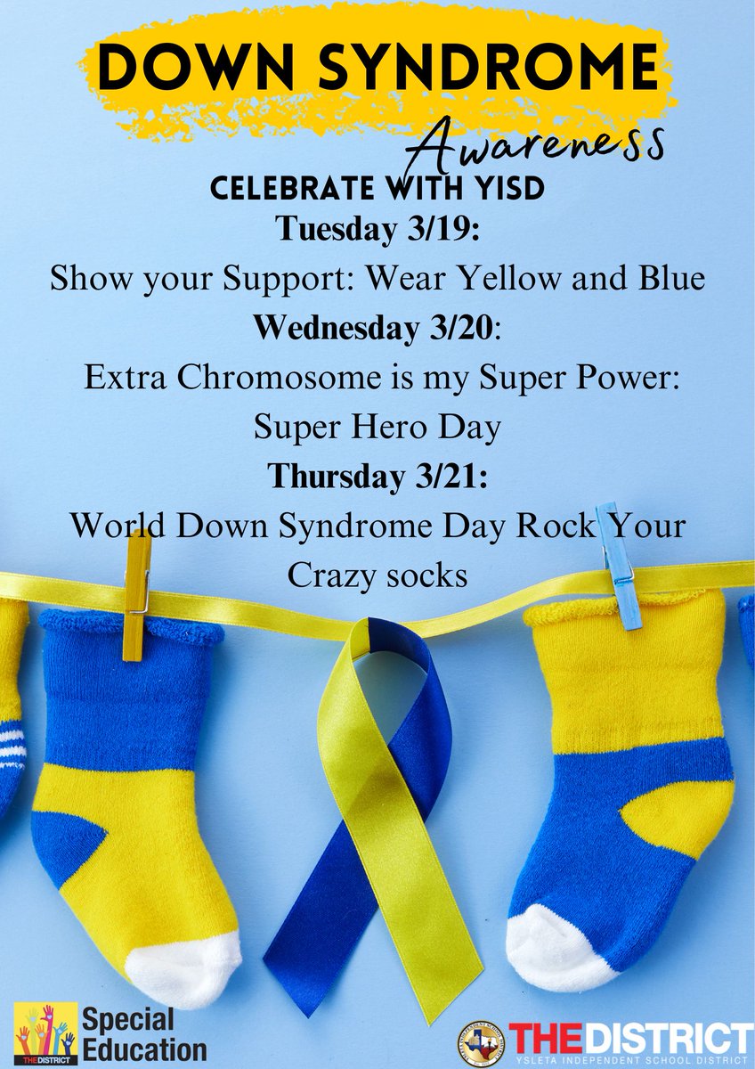 Celebrating #DownSyndromeAwareness! Let's embrace diversity, promote inclusion, and celebrate the unique abilities of individuals with Down syndrome. Together, we can create a more inclusive and accepting world! 💙💛 @YsletaISD @YISD_SPED