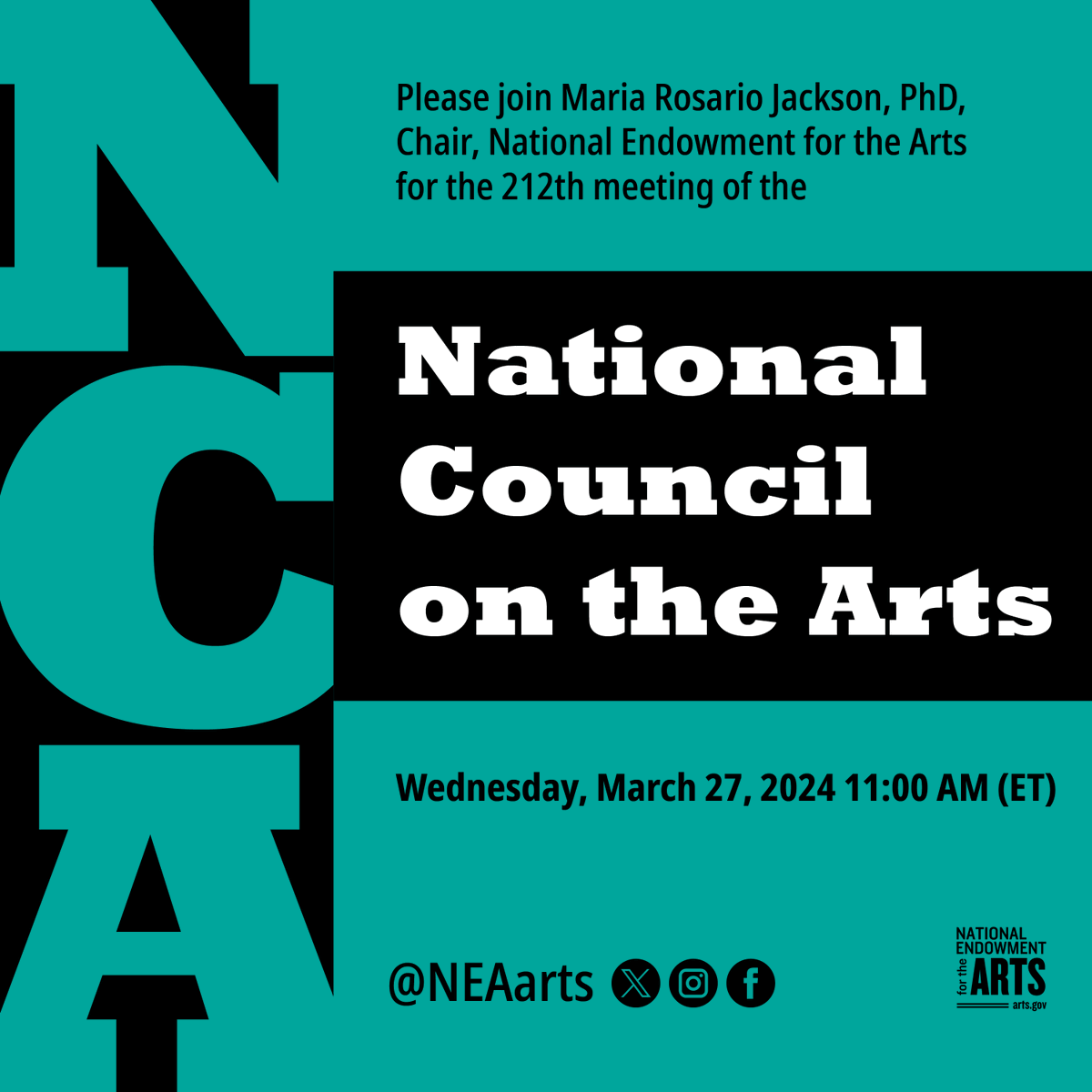 Join us Wed, 3/27 @ 11am ET in person or online at arts.gov for our National Council on the Arts meeting, featuring two panel discussions on the state of the nonprofit performing arts sector. 

More info on presentations &amp; how to attend: bit.ly/4aor83r