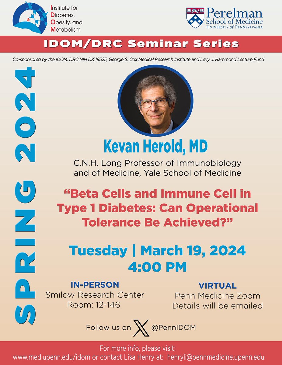 IDOM/DRC Seminar: 3/19/24 - Kevan Herold, MD - “Beta Cells and Immune Cell in Type 1 Diabetes: Can Operational Tolerance Be Achieved?”
#IDOMSeminar