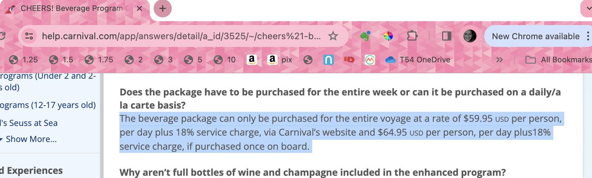 MathFour's tweet image. Wow, @CarnivalCruise posts very clearly on their FAQs that the drink package is $59.95/day if you buy it before the cruise. But they are charging me $69.95 because I&apos;m on a 4-day cruise. I tried to get #CustomerService to honor the price, but they refuse!