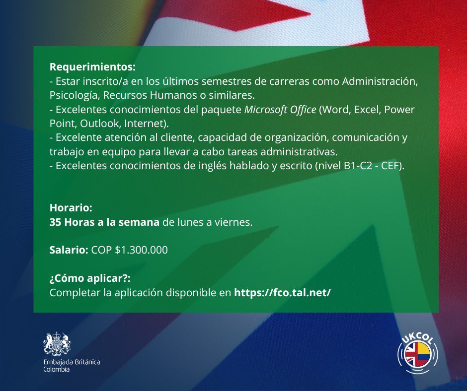 📣 ¡Realiza tus prácticas con nosotros! Buscamos un/a pasante que apoye al Equipo de Servicios Corporativos y se enfoque en Recursos Humanos. Postúlate en este enlace hasta el 31 de marzo y trabaja con nosotros en un ambiente internacional #UKCOL🇬🇧🇨🇴 👉🏽 fco.tal.net/vx/lang-en-GB/…