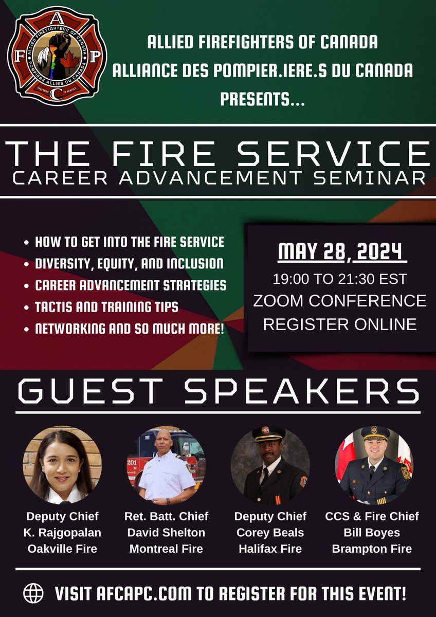 Join us Tuesday, May 28, 2024 from 19:00 to 21:30 Eastern Standard Time for the highly anticipated AFC/APC Career Advancement Seminar, a dynamic 2.5-hour online conference that brings together fire service leaders from across Canada. Register: afcapc.com/event