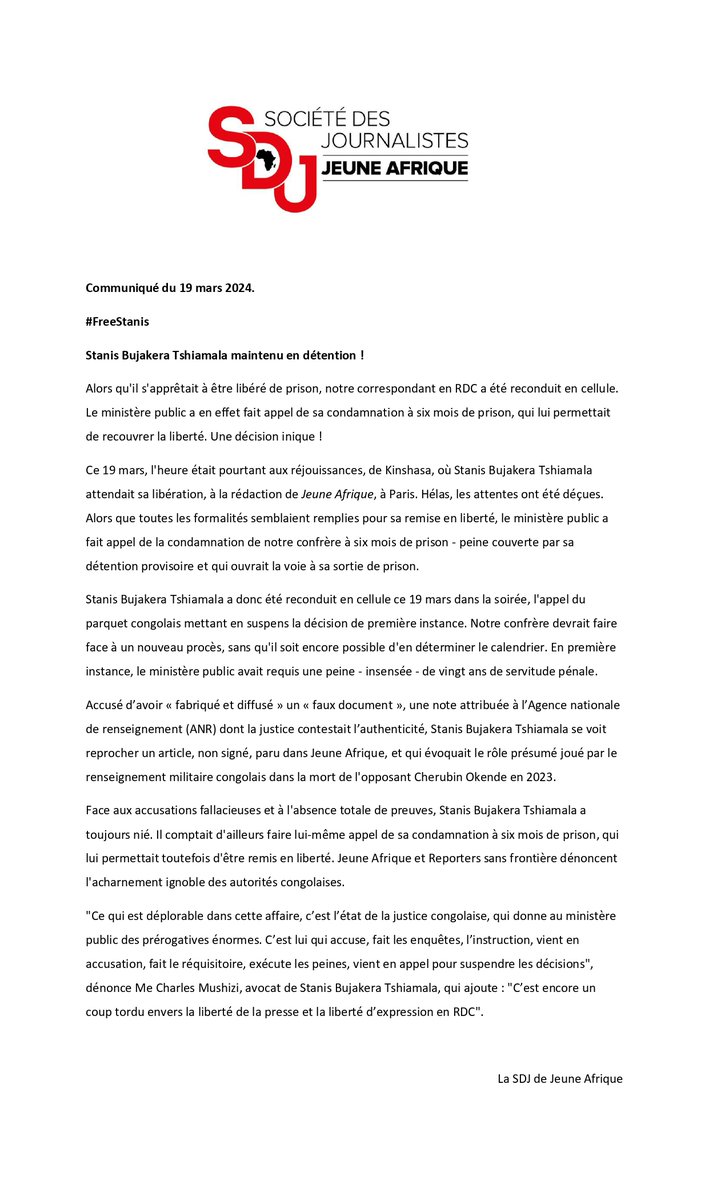 #FreeStanis
Stanis Bujakera Tshiamala maintenu en détention !
Alors qu'il s'apprêtait à être libéré de prison, notre correspondant en #RDC a été reconduit en cellule. Le ministère public ayant fait appel de sa condamnation. Une décision inique !