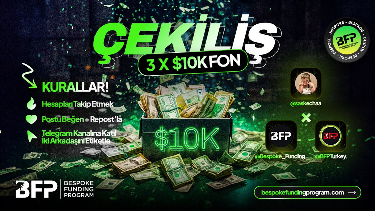 Saskechaa's tweet photo. ✅ Toplamda 3 kişiye 10.000$

1️⃣ @Saskechaa @Bespoke_Funding @BFPTurkey hesaplarını takip etmek. 

2️⃣ Tweeti beğen + Repostla

3️⃣ İki arkadaşını etiketle. 

4️⃣ https://t.co/atLxInSxyK  

Kazananlar 72 saat içerisinde açıklanacaktır.

#Giveaway https://t.co/0MNGDd5szD