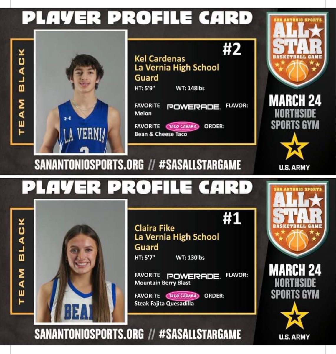 Come out and support Kel Cardenas and Claira Fike in the SA All-Star game this Sunday March 24th starting at noon. Ticket link is below. You will want to purchase the Session 1 tickets!
<a href="/supt_lvisd/">drfhc</a> <a href="/SA_Sports/">San Antonio Sports</a> <a href="/LVISDAthletics/">LVISDAthletics</a> <a href="/high_vernia/">La Vernia High School</a> <a href="/LaVerniaISD/">La Vernia ISD</a> <a href="/LaVerniaNews/">La Vernia News</a>