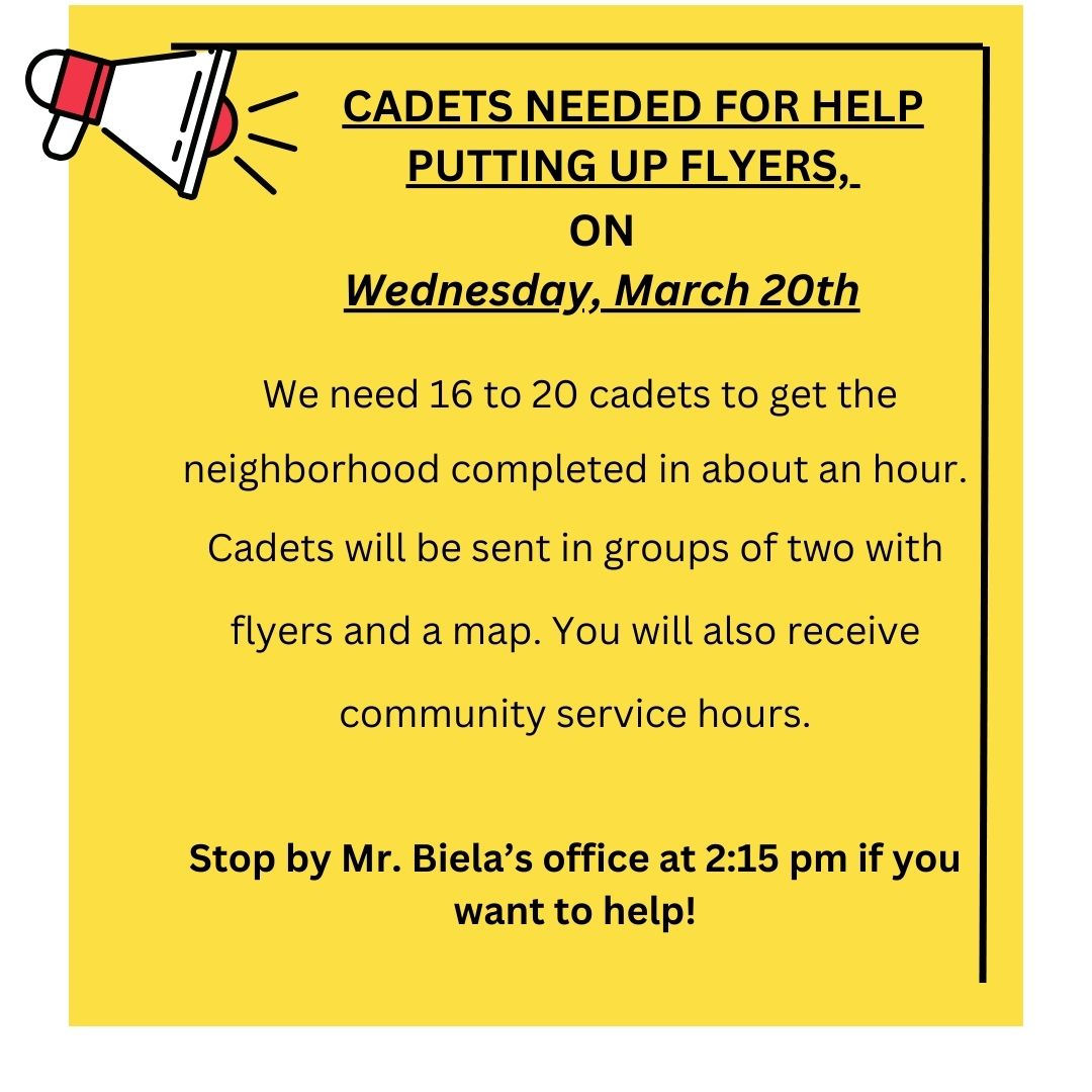 RickoverNavalHS's tweet image. Cadets we need help putting out flyers in the neighborhood tomorrow after school! If you could help, please stop by Mr. Biela&apos;s office no later than 2:15pm. #Rickover #rummagesale #communityhours