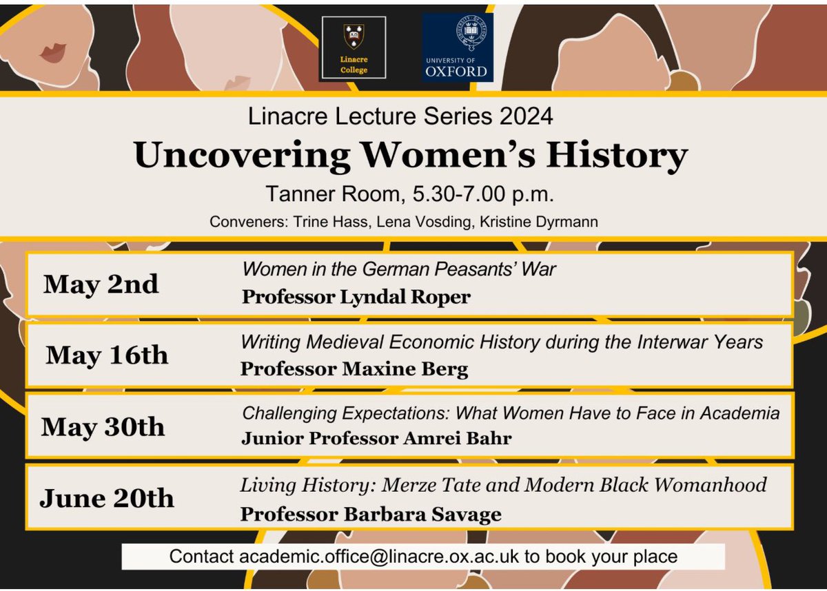 We are delighted to announce that the Linacre Lecture series is returning this year, with the four-part series ‘Uncovering Women’s History,’ led by Linacre fellows: Trine Hass, Lena Vosding and @kristinedyrmann To book: linacre.ox.ac.uk/college-life/l…