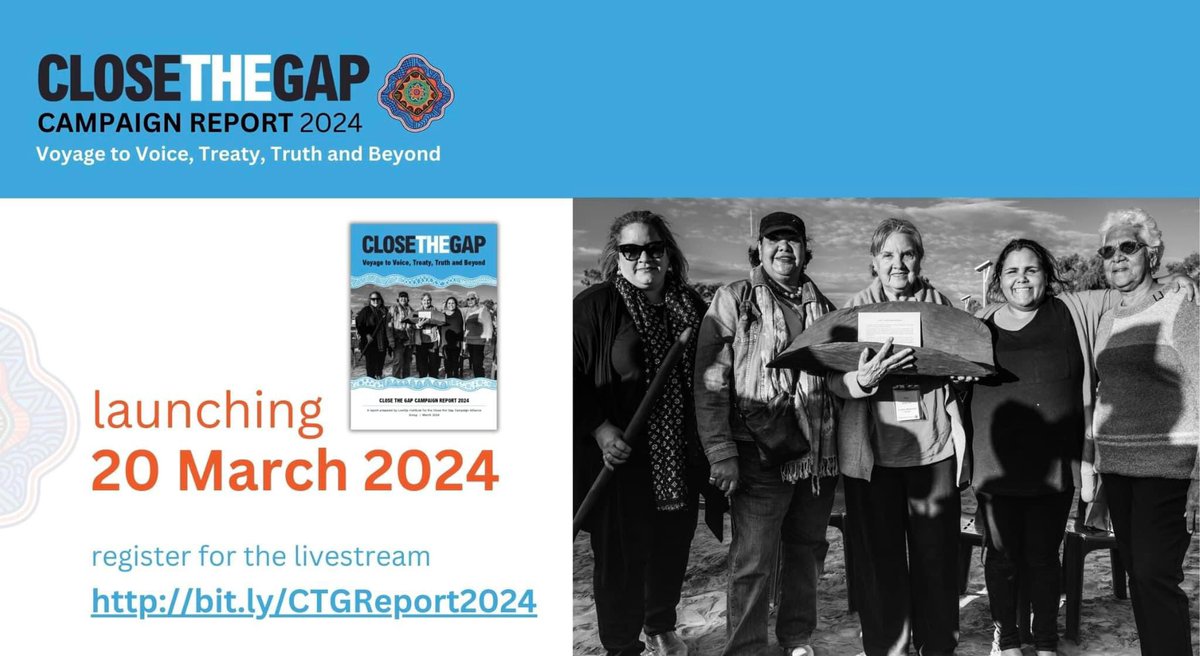 Join the livestream today as our Close the Gap Campaign Alliance launches the 2024 Report – Voyage to Voice, Treaty, Truth and Beyond from Parliament House ACT 🔷 Wed, 20 Mar 2024 10-11:30AM AEDT ➡️ bit.ly/CTGReport2024 Follow / share on socials using #CloseTheGapDay2024