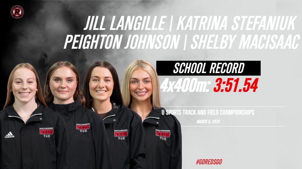 ⚫️NEW RECORD🔴
The women's 4x400m relay squad lowered their own school record for the third time this season at the U SPORTS T&amp;F Championships - this time by nearly two seconds! Their time of 3:51.54 also secured them 7th in 🇨🇦 and will go down in our record books!

#goredsgo