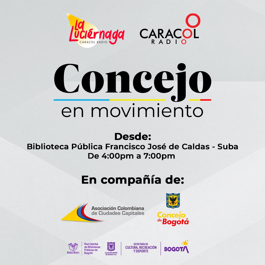 ¡No te pierdas! Hoy La Luciérnaga de Caracol Radio desde La Biblioteca Francisco de Caldas en Bogotá
De 4:00pm a 7:00pm en compañía de @Asocapitales  y Concejo de Bogotá #ConcejoEnMovimiento

#AliadosCaracol