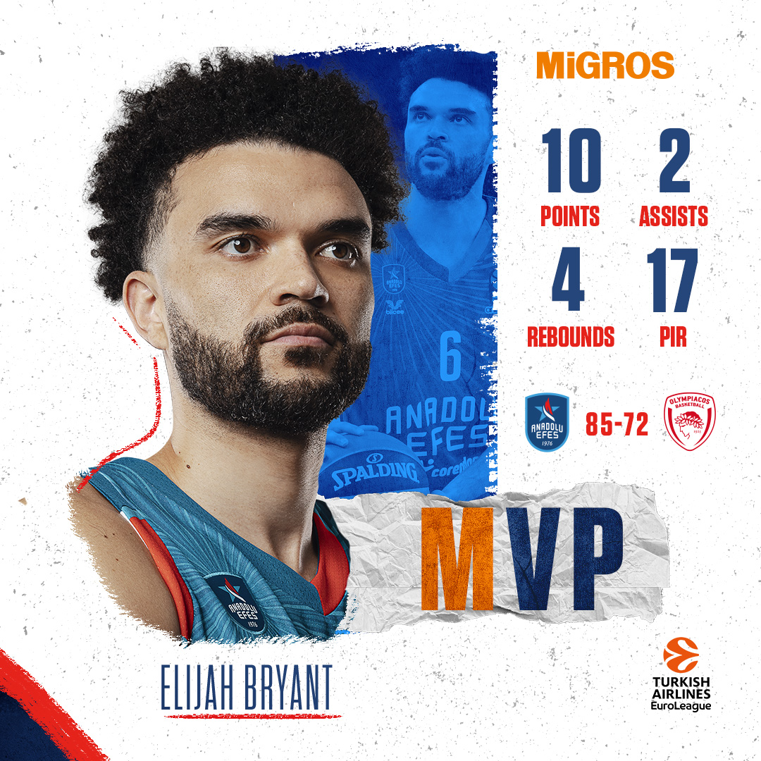 📢 @Migros_Turkiye ile Olympiacos karşılaşmamızın #MVP’si Elijah Bryant! #BryantSizeİyiGelecek #BenimYerimBurası