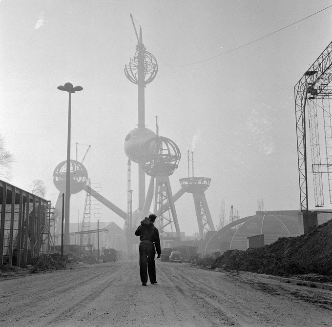 The construction of the Atomium—the Belgian pavilion for the World Expo 58 in Brussels—as photographed in 1957 by Dolf Kruger