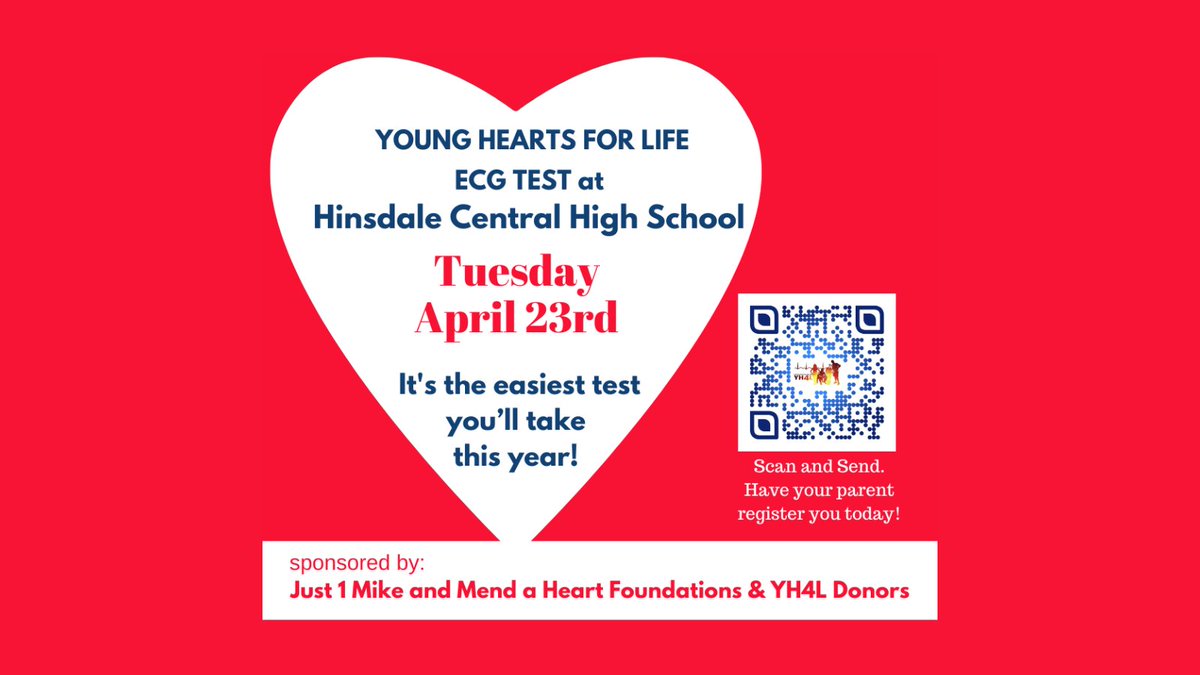 Young Hearts for Life will be at Hinsdale Central on Tuesday, April 23rd for ECG Tests. Consider being an adult volunteer: ow.ly/oyvt50QO27c Student Registration: ow.ly/NjU050QO27g