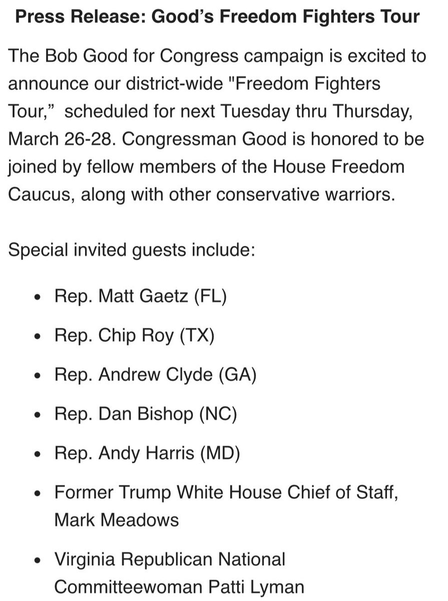 HFC Chair Bob Good announces “Freedom Fighters Tour” with House conservatives—attacks John McGuire as a “SWAMP-backed candidate handpicked by Kevin McCarthy, supported by RINOs and funded by K Street Lobbyists”