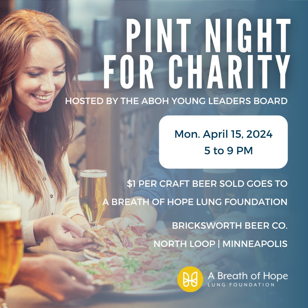 ABOHLung's tweet photo. Need something to perk you up on Tax Day (April 15th)? Join A Breath of Hope’s Young Leaders Board at Bricksworth Beer Co in North Loop Minneapolis! On Monday, April 15th, from 5 to 9 PM, $1 for every craft beer sold will go to A Breath of Hope Lung Foundation. https://t.co/uiJnyRshw7