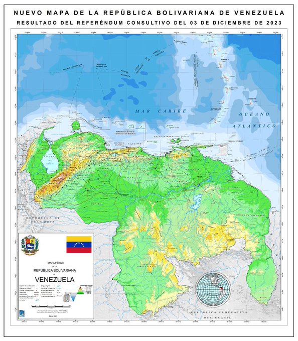 mippci_ven's tweet photo. En ejercicio de su democracia y soberanía el pueblo venezolano reafirmó sus derechos irrenunciables sobre el Esequibo. Este es el mapa de Venezuela, íntegro, que incluye nuestro territorio de la Guayana Esequiba.
#VenezuelaEsAlegríaYPaz https://t.co/kt6swBJLyt