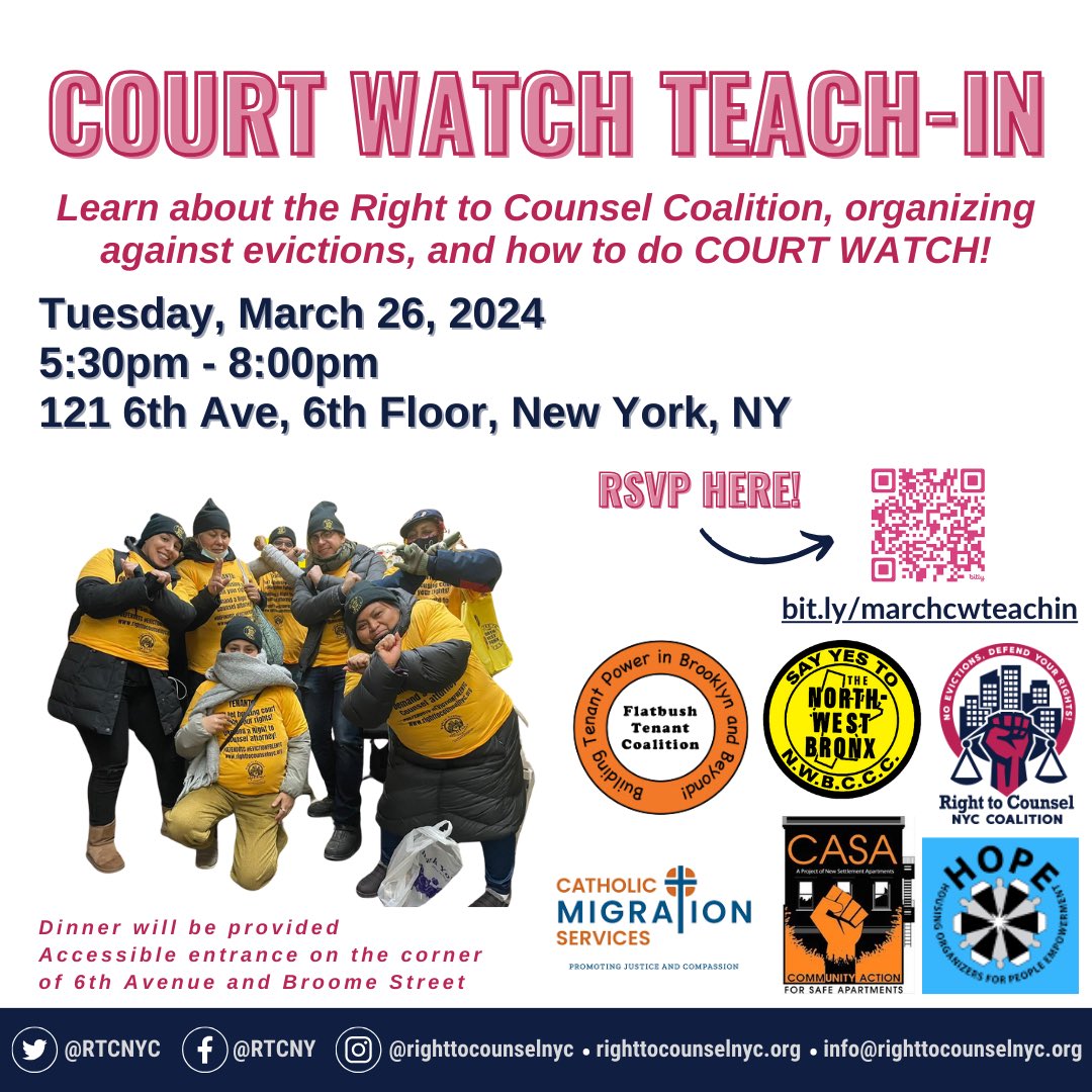 THIS TUESDAY: we’re hosting a teach in at our offices about the RTC Campaign and how to do court watch! 🔍Come and learn about how we organize against evictions
#EvictionFreeNYC #DefendRTC