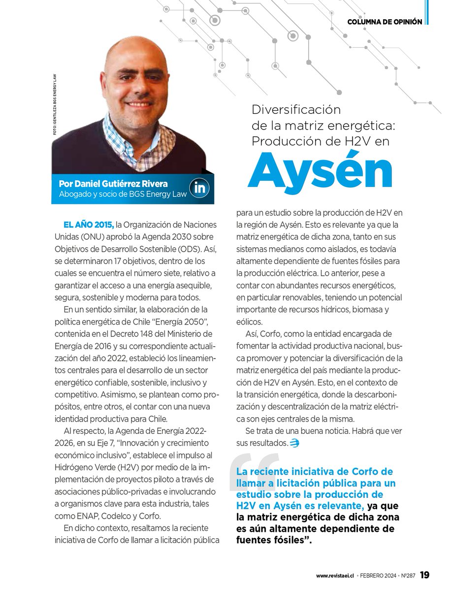COLUMNA | "La reciente iniciativa de Corfo de llamar a licitación pública para un estudio sobre la producción de H2V en Aysén es relevante, ya que la matriz energética de dicha zona es aún altamente dependiente de fuentes fósiles".

acortar.link/MSdJaH