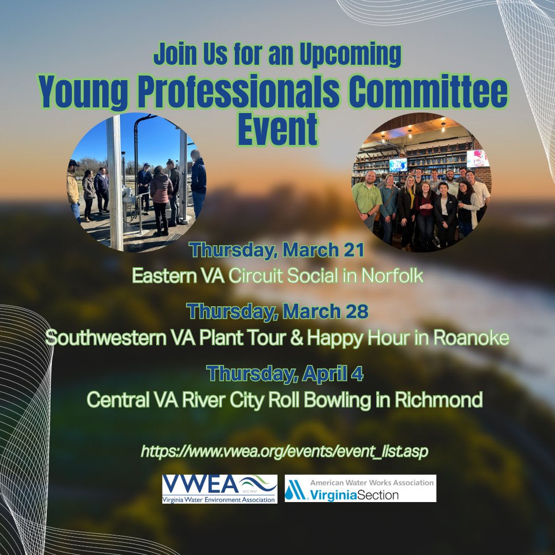 Join us for an upcoming Young Professionals event near you! RSVP and find additional details about each on our events page: vwea.org/events/event_l…

#YoungProfessionals #BusinessNetworking #NetworkingEvent #ProfessionalDevelopment #VirginiaWater #WasteWater #WaterIndustry