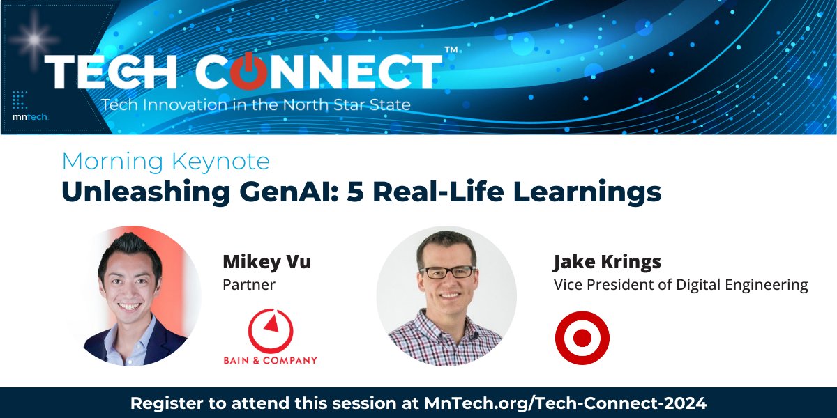 mntechassoc's tweet image. GenAI continues to be top of mind for tech leaders in 2024. How do you move from hype to activation? #TechConnect2024 will dive into this! Leaders from @BainandCompany &amp;amp; @Target will explore 5 real-life lessons learned. Register for Tech Connect here: mntech.org/tech-connect-2…