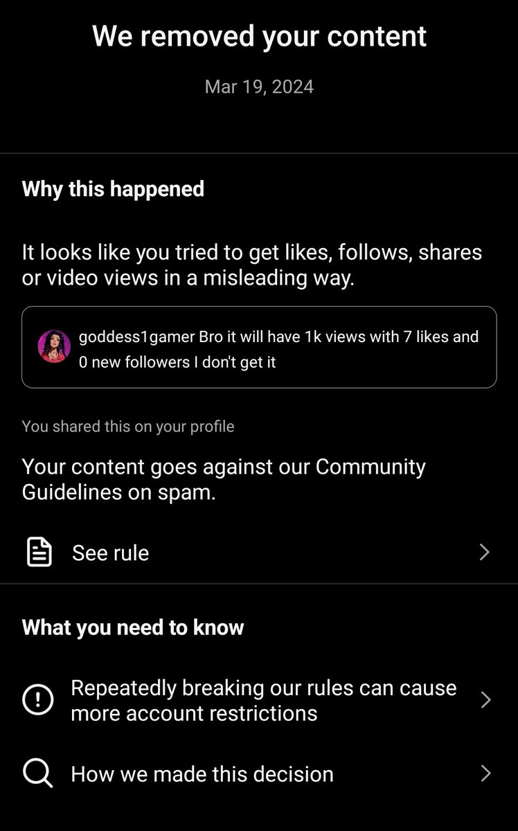 Goddess1Gamer's tweet image. It's my first comment of the day and my comment wasn't any different than the others as it was a video about like growth not matching followers.

Ig is suppressing everything I say and post as spam because I made positive comments about Black people.

Please go follow and LIKE