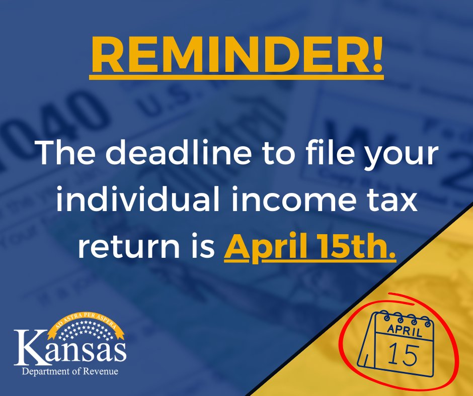 Remember! April 15th is the deadline to file your individual tax return.

Use KS WebFile for a quick, secure, and FREE way to file your individual income tax return and get your refund deposited directly into your account!

Get started at kansas.gov/webfile/