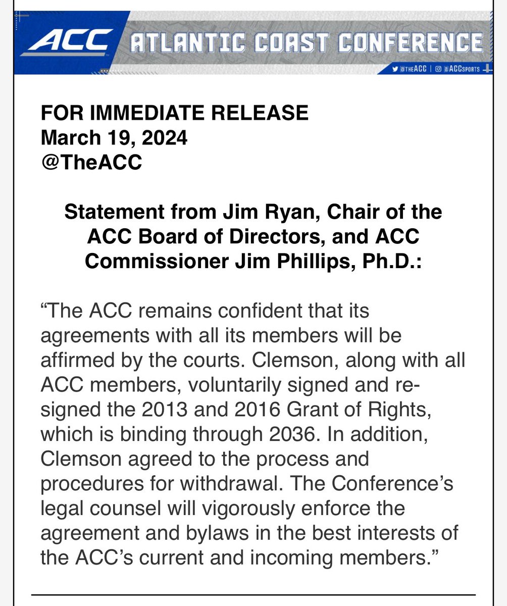 ACC statement in response to @ClemsonUniv news today …