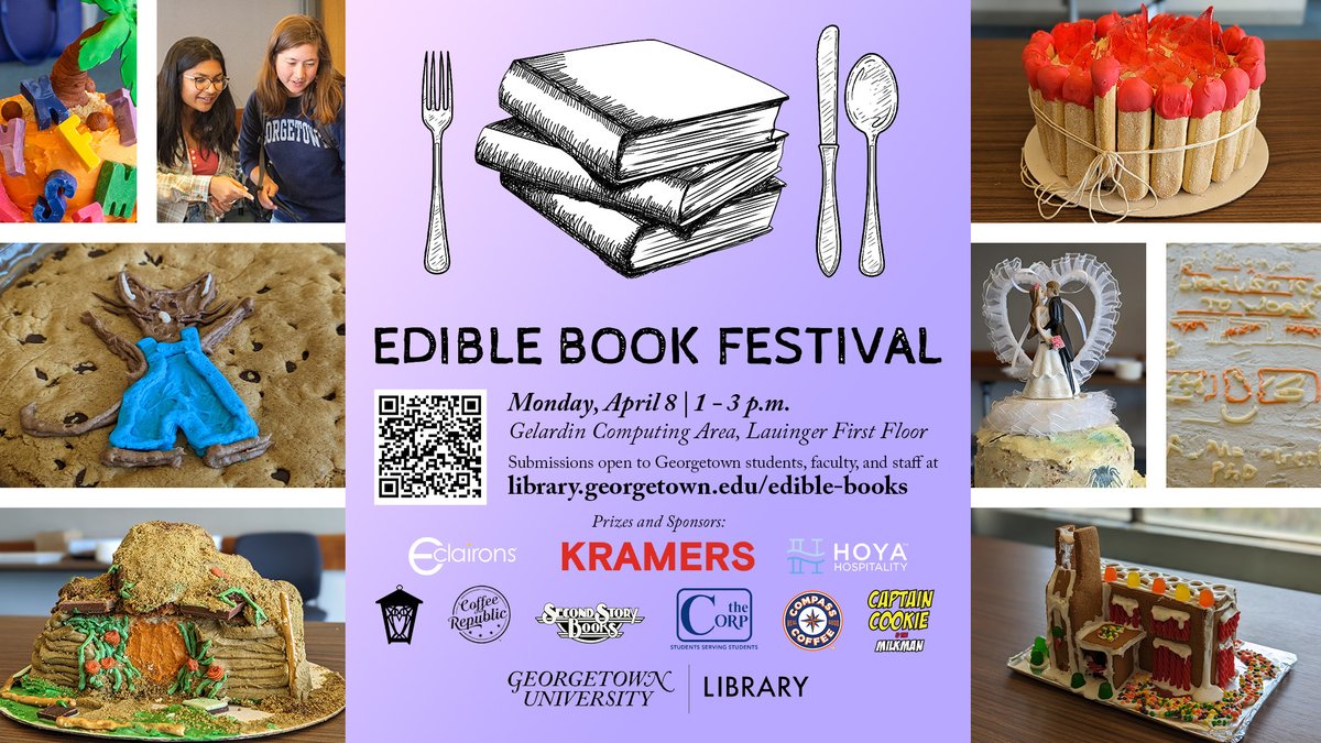 Join us in celebrating books, art, and culture with this creative contest where participants submit edible art projects made to resemble books or are inspired by a story or book title. Register today at library.georgetown.edu/edible-books