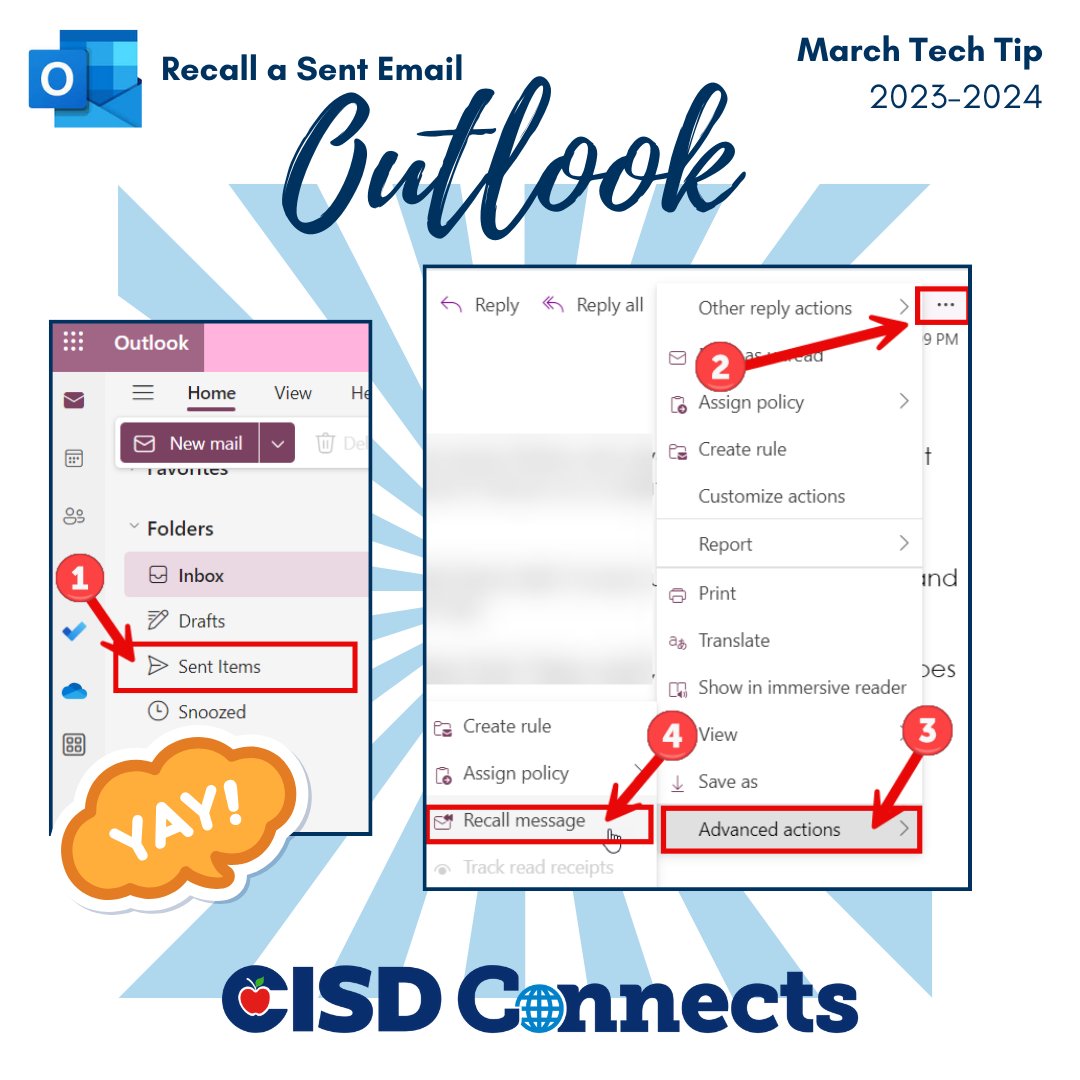 CISD_Connects's tweet photo. Sent that email by mistake? It happens to the best of us. Whether you hit send too quickly or forgot to double-check, it's the top reason for wanting to unsend an email. Luckily, you can recall sent messages from your "Sent Items" folder.  #Oops #EmailBlunders #Outlook https://t.co/Er64KkbbTr