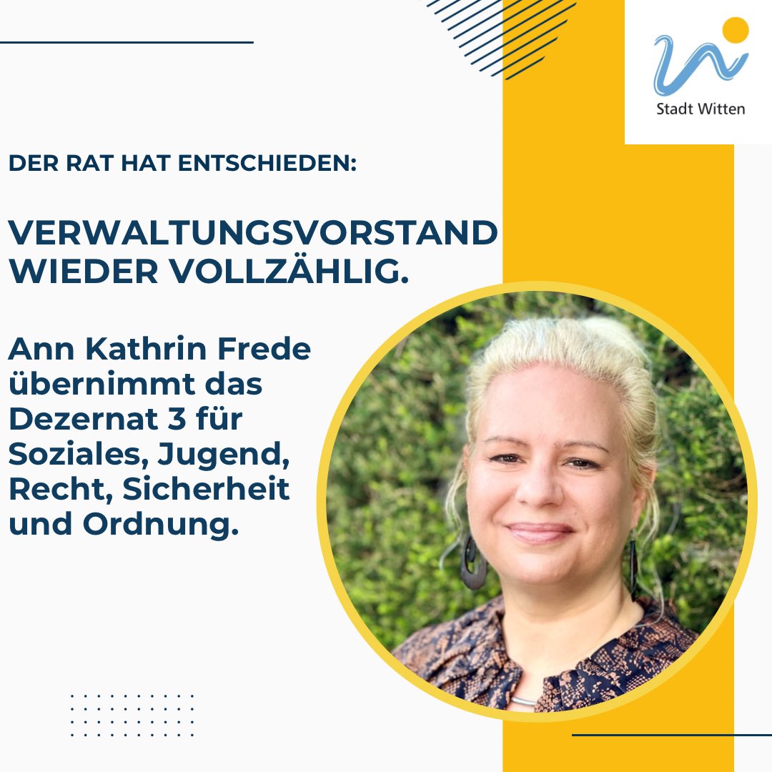 Der Verwaltungsvorstand der Stadt #Witten ist wieder komplett:Heute Abend hat der Rat den neuen vierten Kopf gewählt.Ann Kathrin Frede gehört künftig zur Stadtspitze.Zum ersten Mal hat Witten damit eine Frau als Beigeordnete.Wir gratulieren zur Wahl und wünschen viel Erfolg!🍀