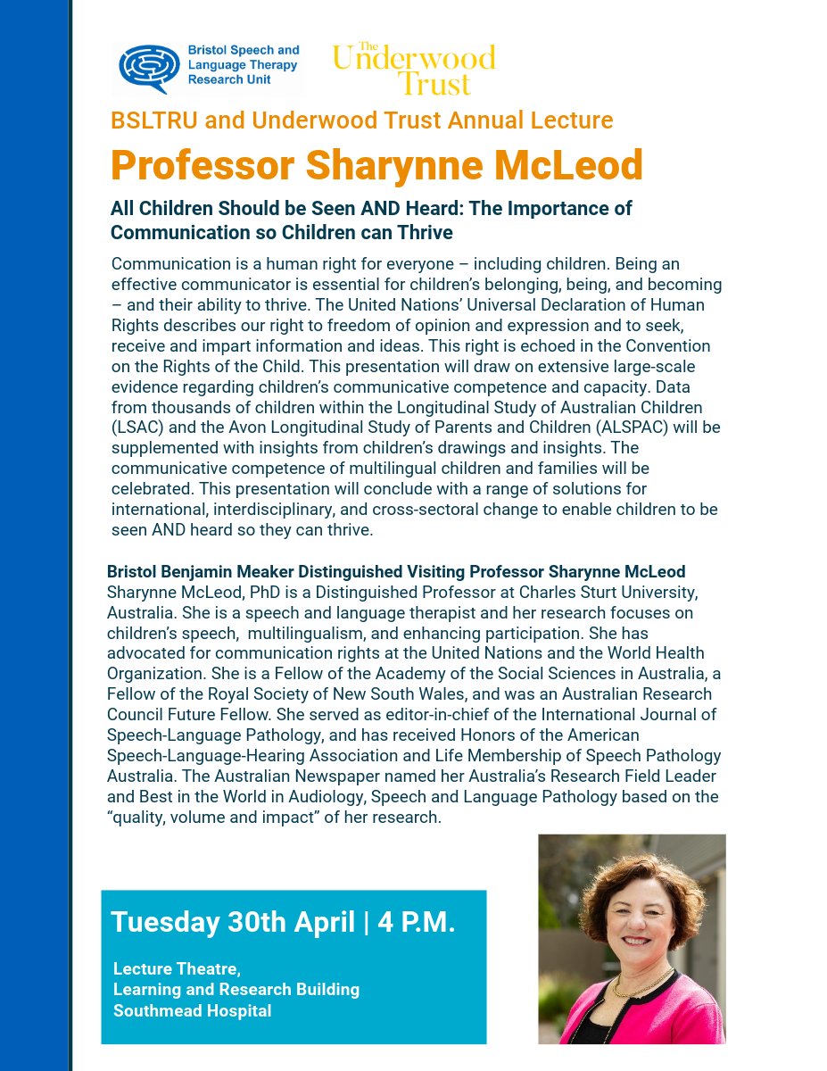 We are delighted that @SharynneMcLeod will be delivering this year's @Bristol_SLTRU lecture on Tuesday 30th April from 4pm. You can reserve your free place NOW at tickettailor.com/events/northbr…