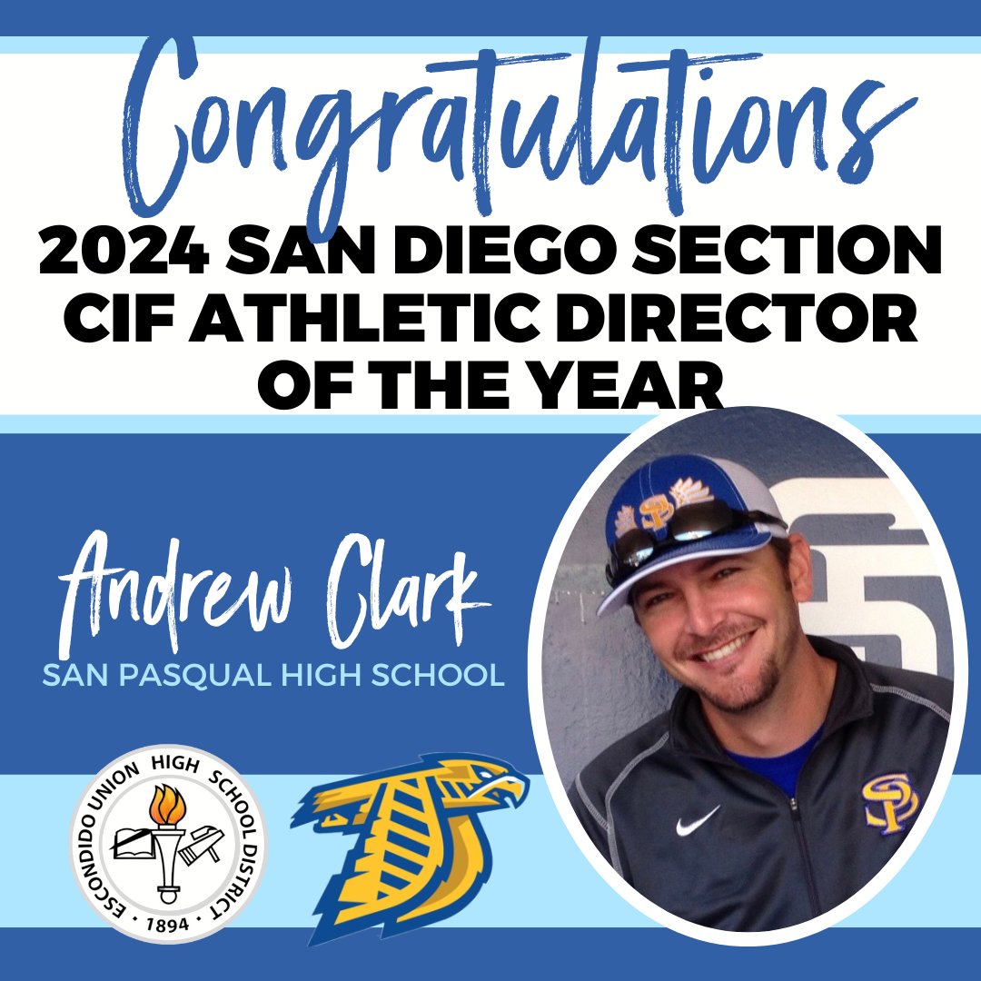 A round of applause for @sanpasqualhs Athletic Director, Andrew Clark, for being named the 2024 CIF San Diego Section Athletic Director of the Year! Your dedication, leadership, and passion for school sports are truly commendable. Congrats! #teameuhsd #euhsdproud