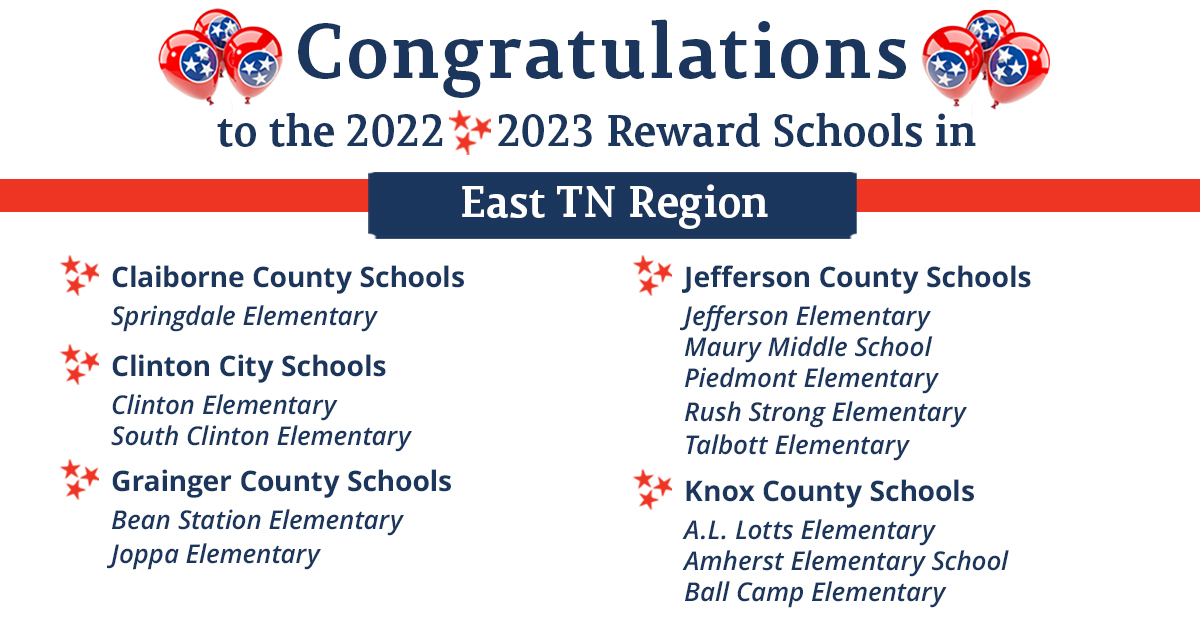 We're so proud of our 2022-23 Reward Schools in East Tennessee! Help us celebrate these schools which are amongst the highest-performing in this region and the state! #AcceleratingTN