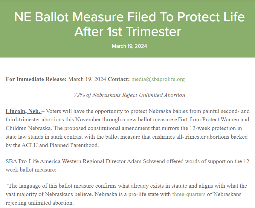 Getting supportive statements from anti-abortion rights groups <a href="/NERightToLife/">NebraskaRighttoLife</a>, <a href="/sbaprolife/">SBA Pro-Life America</a>, <a href="/nebfamily/">NE Family Alliance</a> regarding the new abortion petition that aims to ban abortions in 2nd and 3rd trimesters via a constitutional amendment.