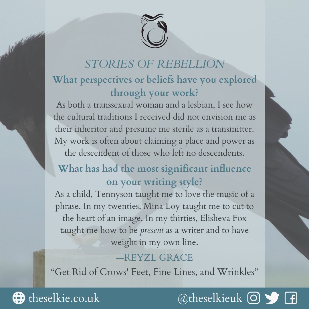 🐦‍⬛Experience the brilliance of Reyzl Grace in our anthology, Stories of Rebellion! Her contribution, “Get Rid of Crows' Feet, Fine Lines, and Wrinkles”, paints a unique picture of courage and resilience. #Author #StoriesOfRebellion #LitMag #WritingCommunity #TheSelkie #poetry