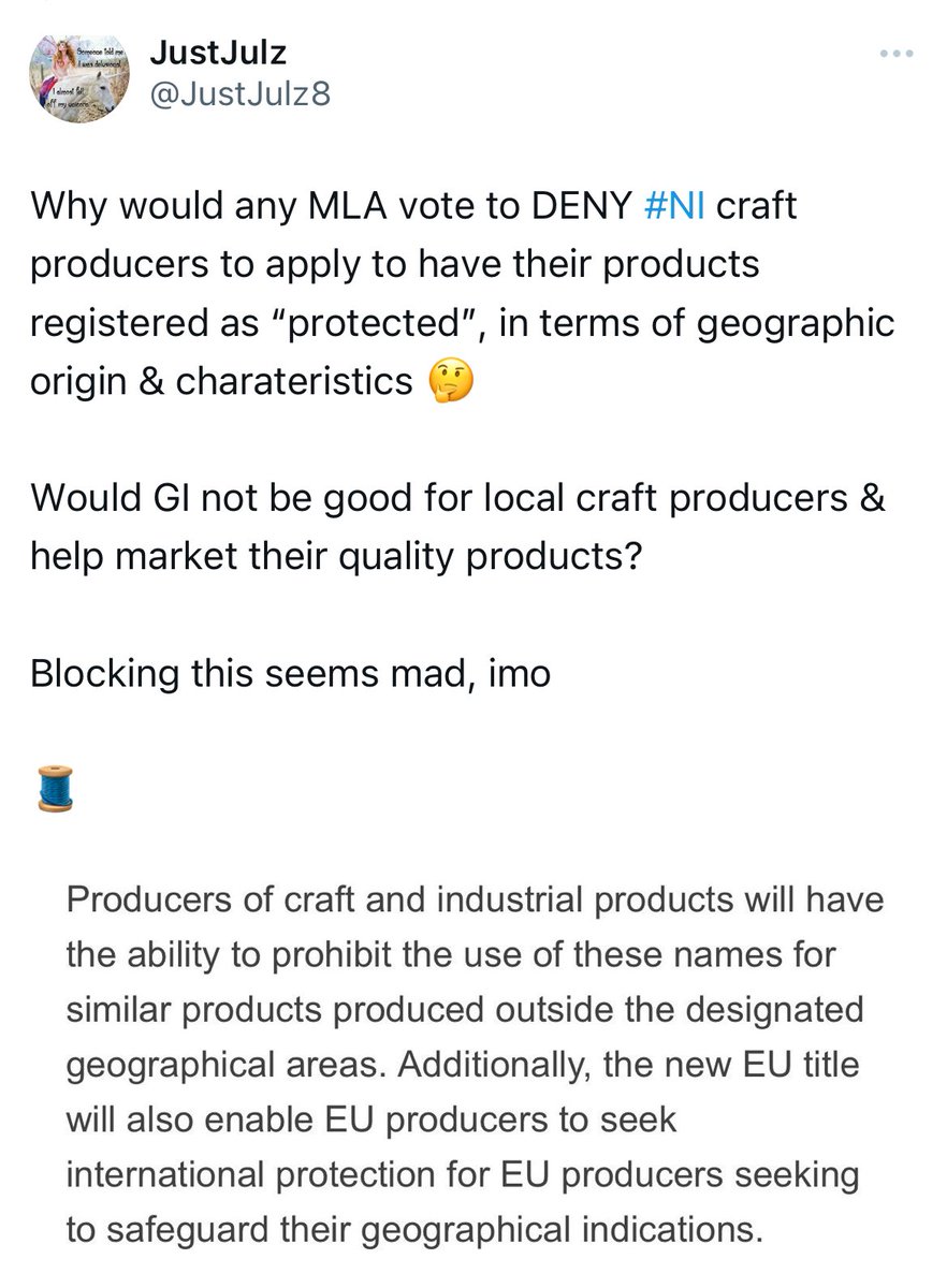 I really don’t understand why Geographical Indicator protection wouldn’t be a good thing for #NorthernIreland craft producers - #Belleek pottery, anyone? 

What do local craft producers think? 

Were they even consulted? 🤔

#WindsorFramework 

x.com/justjulz8/stat…