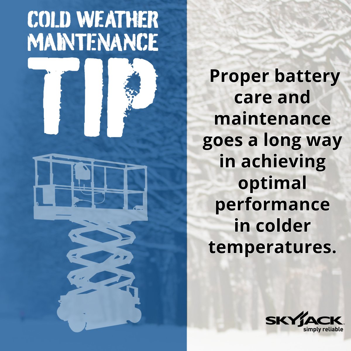 When working in a cold environment with electric machines ensure your batteries are fully charged prior to starting. Once task is completed, remove (if possible) the machine from the cold environment and plug it back in. #TipTuesday #Skyjack