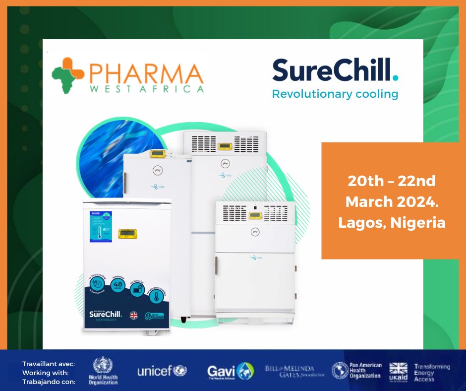 #SureChill is excited to be at the #Pharma West Africa Exhibition 2024 in Lagos from 20th – 22nd March. We will be presenting our revolutionary technology that delivers essential and cost-effective #cooling solutions for pharmacies and #health clinics.   See you at booth D36.