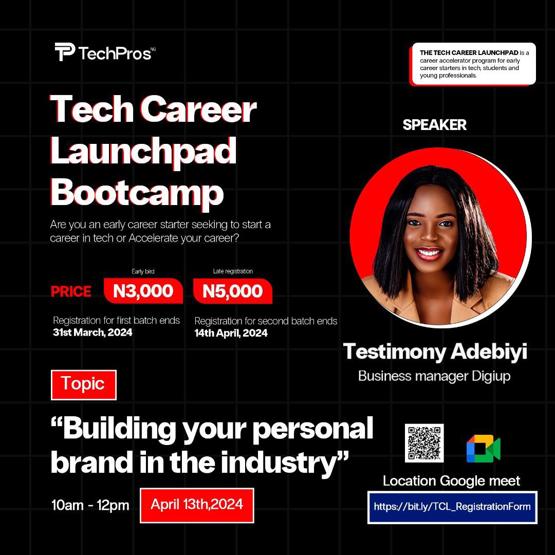TechProsNaija's tweet photo. ๐ Exciting News Alert! ๐ We're thrilled to announce our esteemed speaker for the upcoming Tech Career Launchpad! Get ready to be inspired by Testimony Adebiyi, Business Manager at DigiUp, as she shares insights on Building your personal brand #TechCareerLaunchpad #SpeakerReveal https://t.co/QOjw1VUQKp
