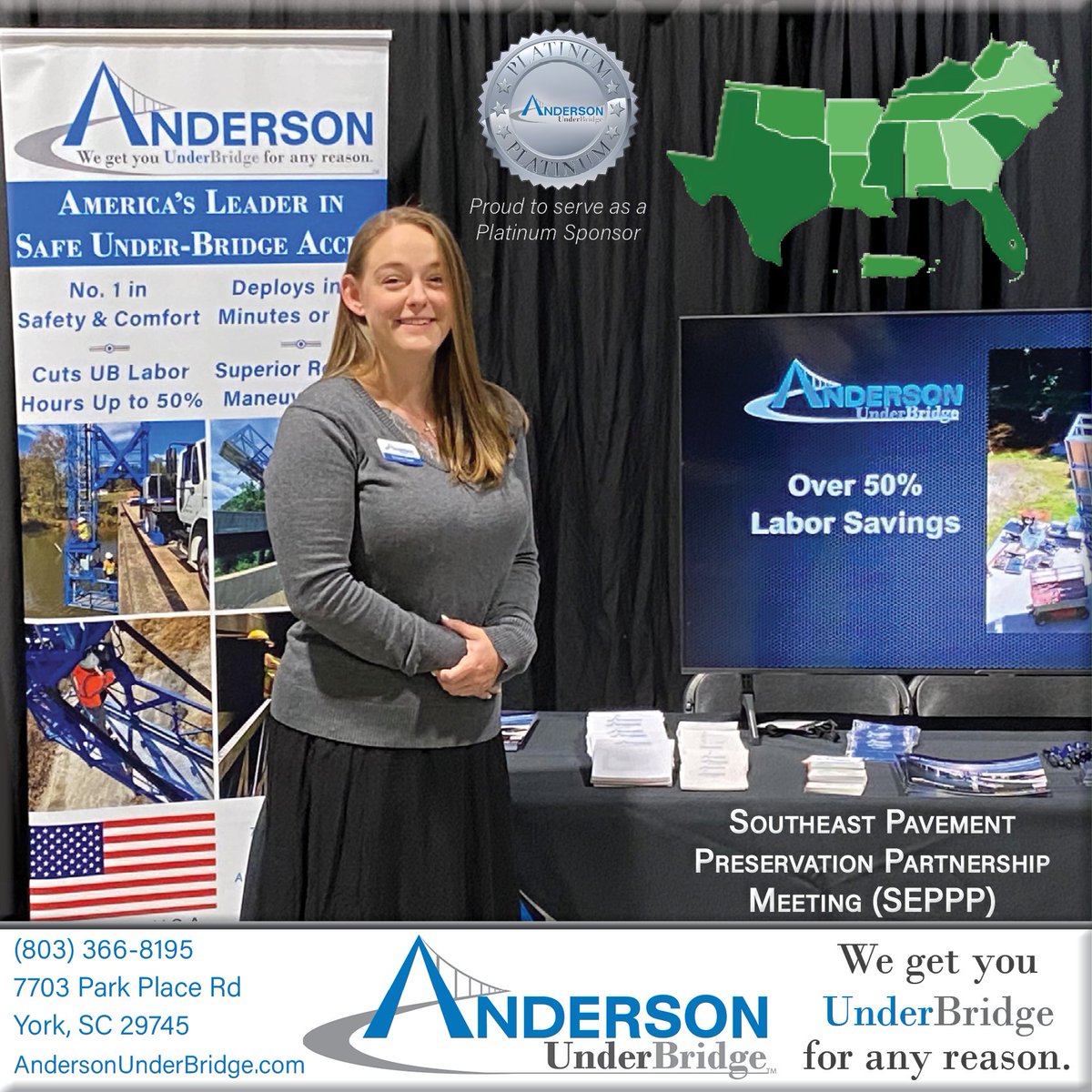 Anderson_UB's tweet photo. #AndersonUnderBridge enjoys reconnecting with friends &amp; colleagues at the #SoutheastPavementPreservationPartnership (@SEPPP) in Little Rock. Be sure to visit Brittany in Exhibit Hall A and learn why Anderson is America’s leader in delivering safe #UnderBridgeAccess. #SEPPP https://t.co/XJcg0ZSdDu
