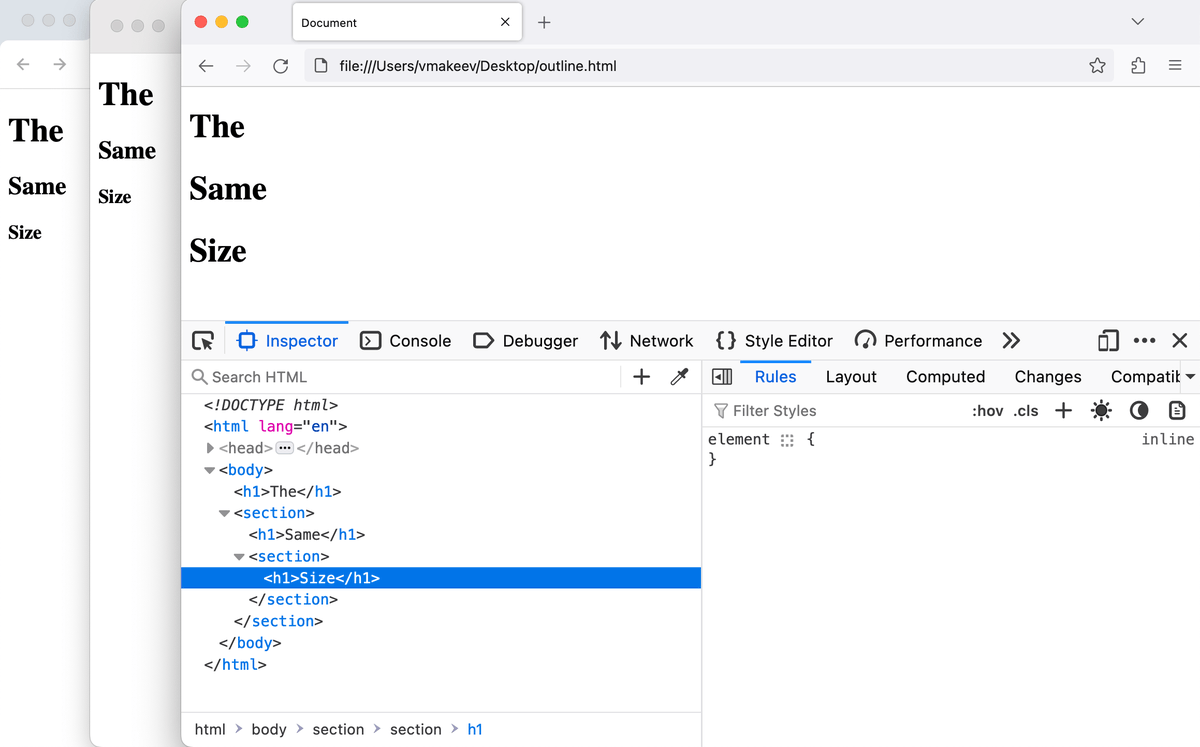 Did you know that nesting <h1> in the article, aside, nav, or section elements decreases its font-size? Well, not anymore in Firefox Nightly. It’s still an experiment for now, but it’s time for the last remaining of the HTML outline to go 👋