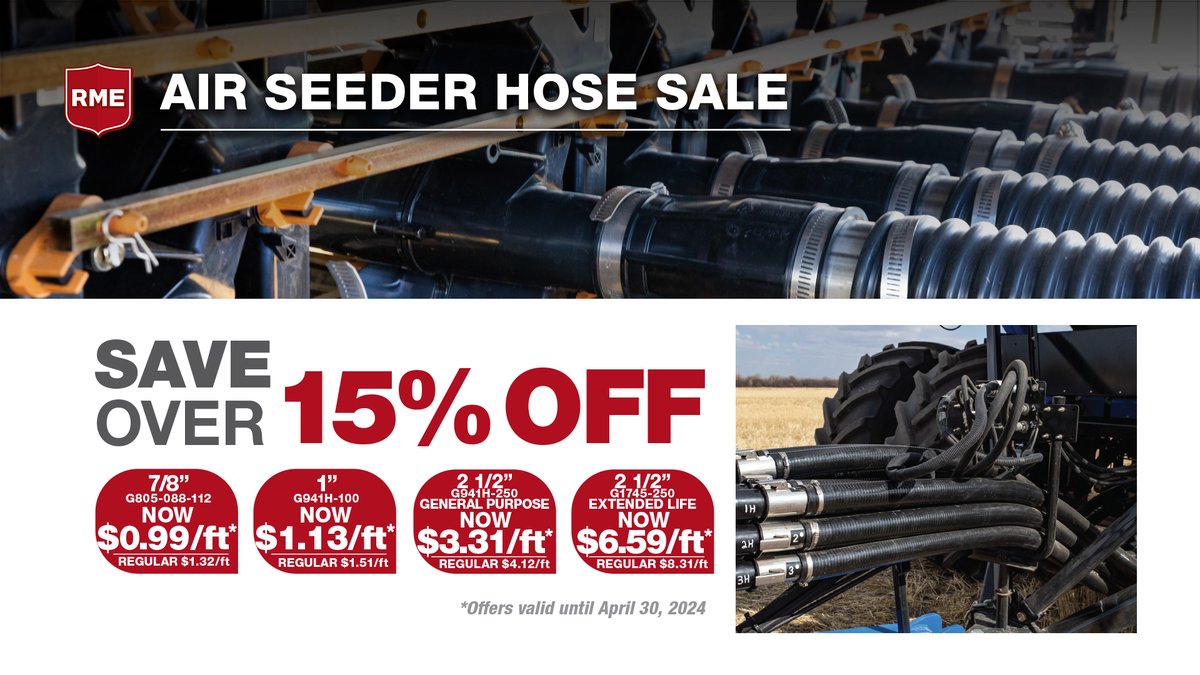 Our Air Seeding Hose Sale has Begun! From NOW Until April 30th Save Over 15% on Air Seeding Hose Lengths Including 7/8' to 2 1/2' Extended Life. Contact your local RME dealer for more info or visit: rockymtn.com/promotions/air… . . . #RME #AirSeeder #Farming #Spring #Hose #Sale